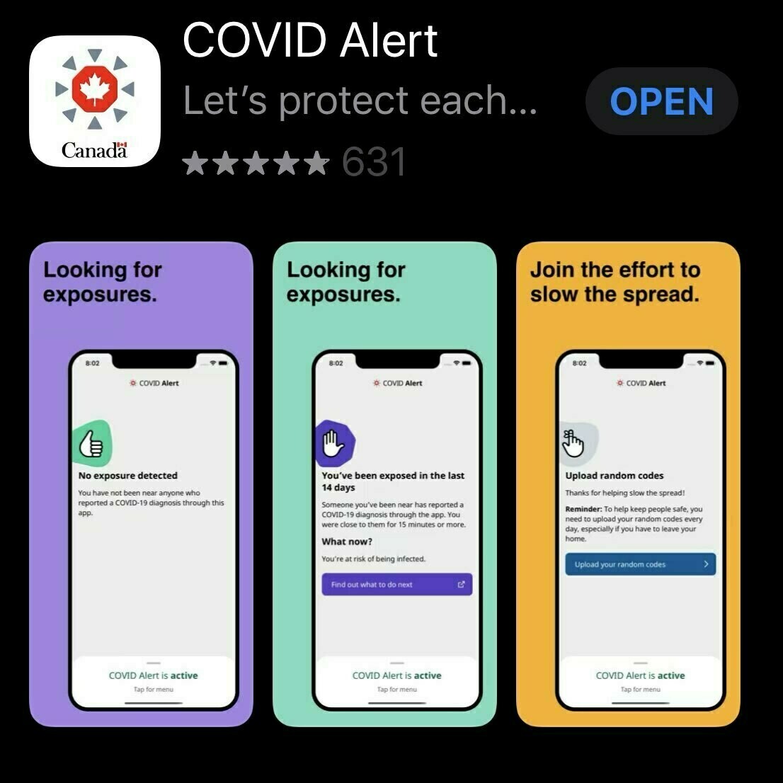 screen capture of covid alert app