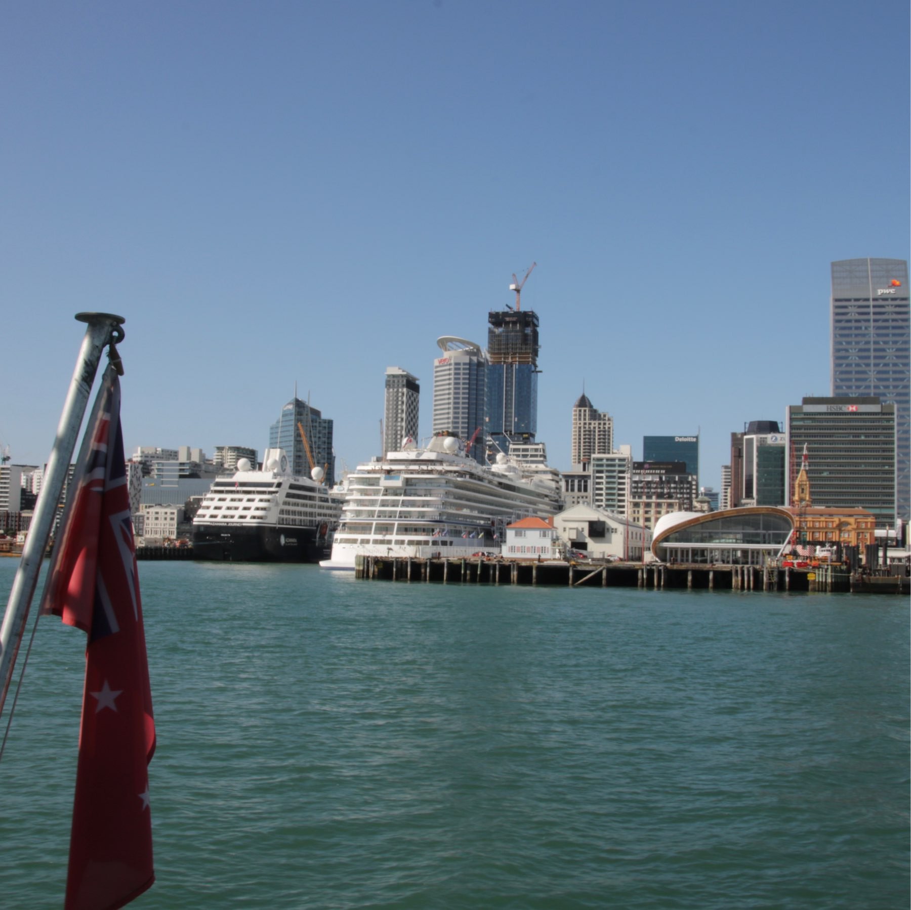 auckland skyline from the water off the cruise ship area