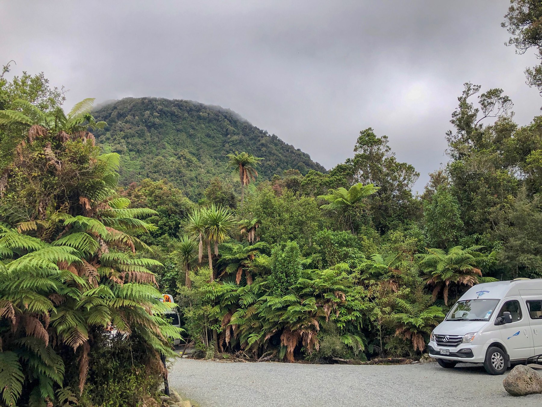 campervan in a park beneath a mountain. palm trees around