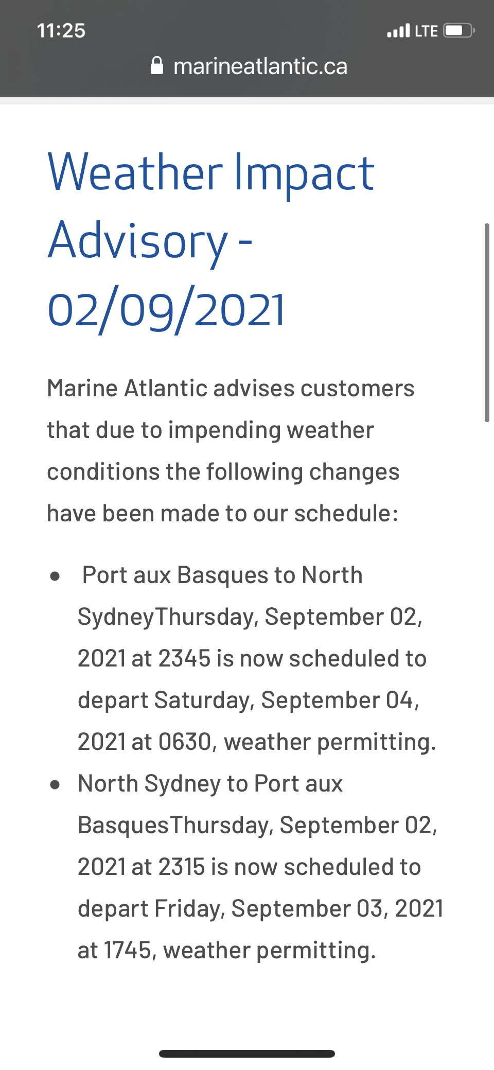 weather impact advisory from marine atlantic ferries