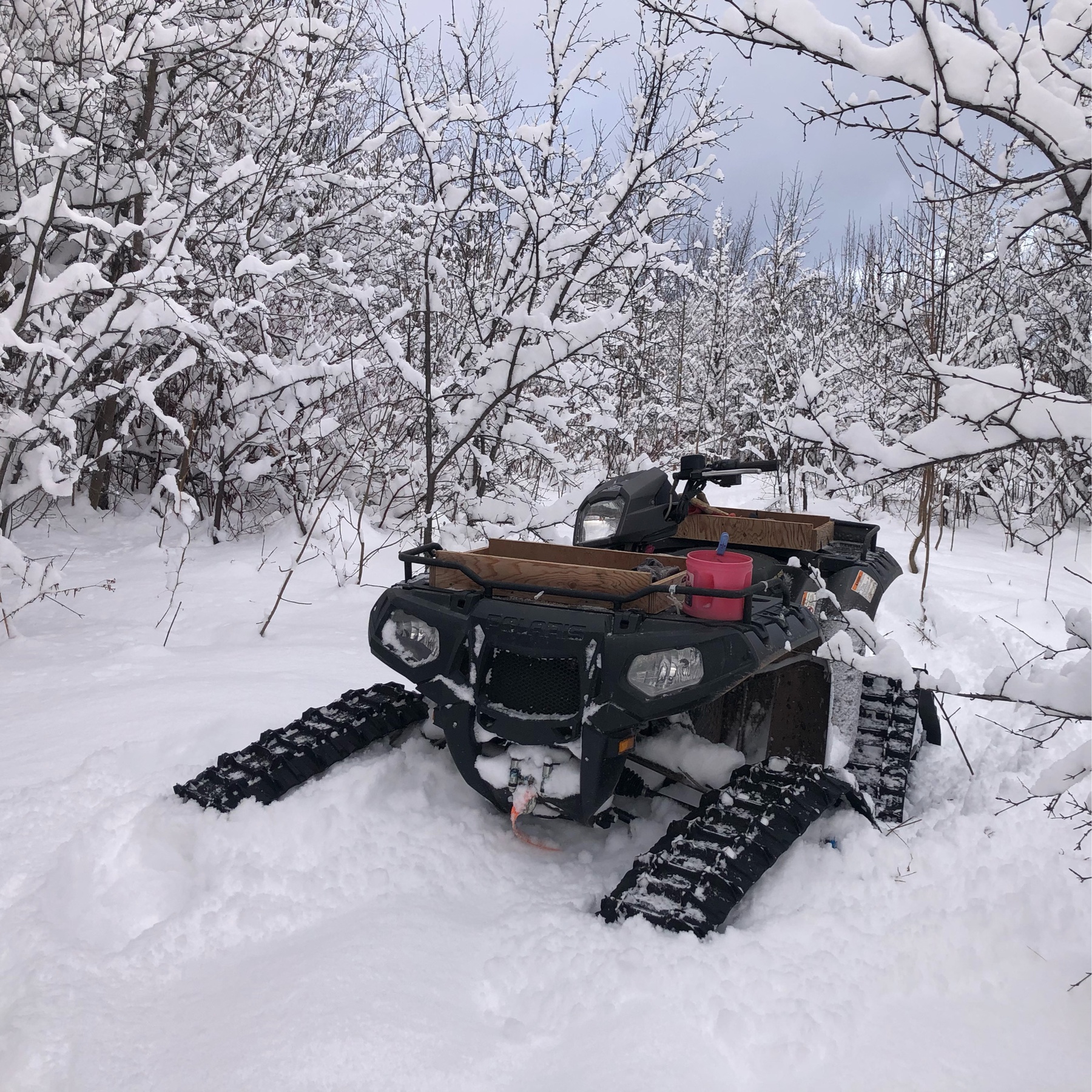 atv sittong in very deep snow. machine has tracks instead of wjeels. snow covers the branches of all the trees around it