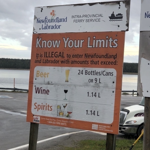 sign listing limits on alcohol importation into Newfoundland and Labrador