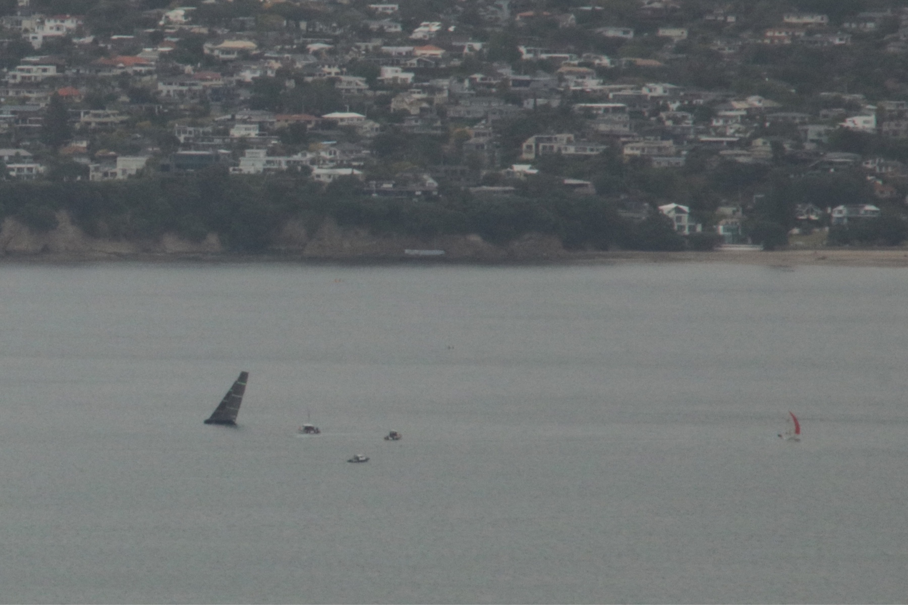 Sailboat healed over with three motor boats around it. There is a city in the background.